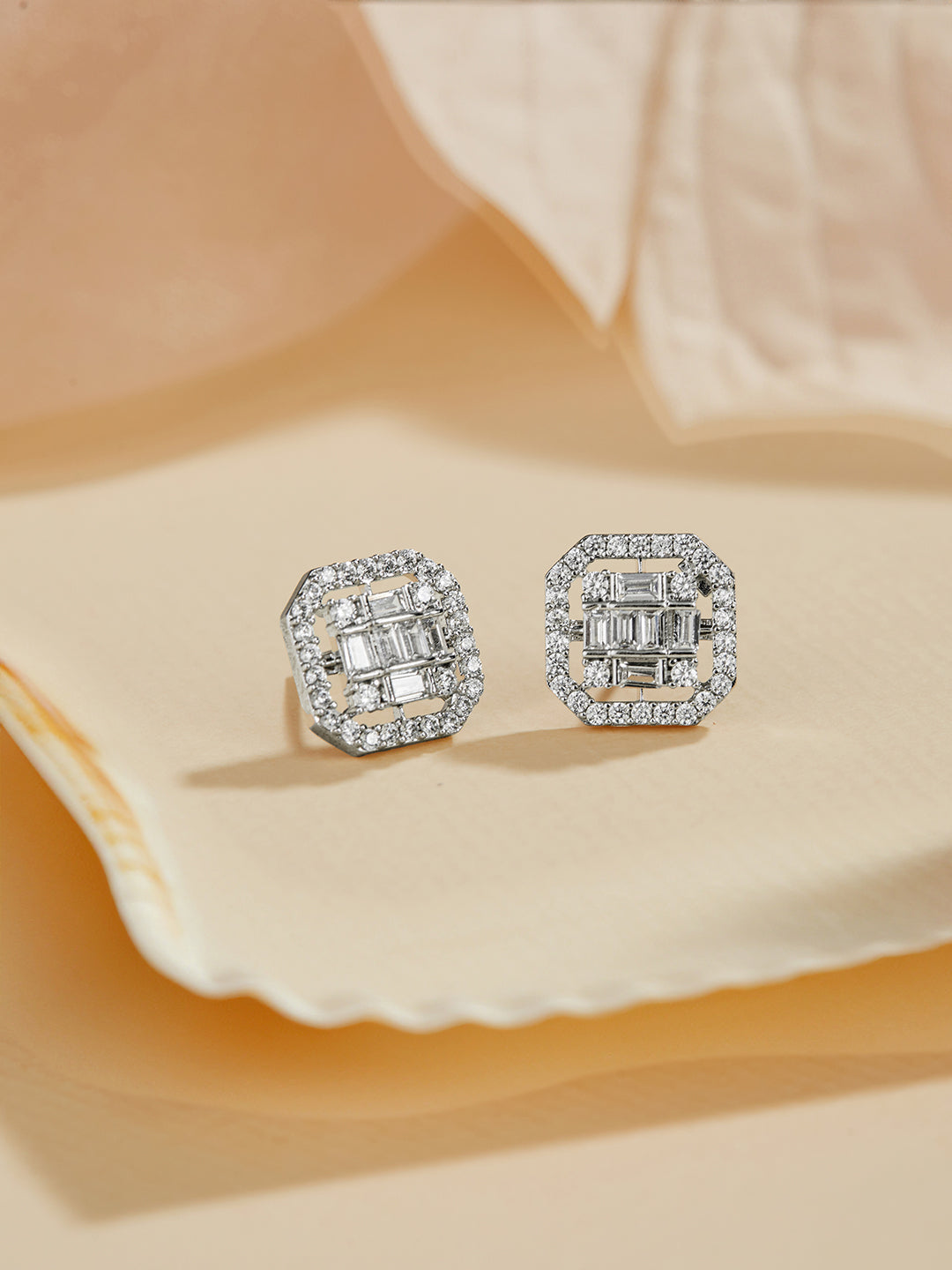 925 Sterling Silver Baguette Shaped Cubic Zirconia  in Rhodium Plated Studds Earrings